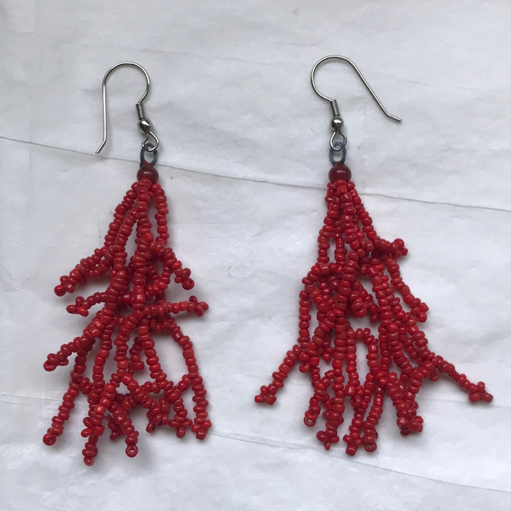 Handmade beaded coral drop dangle earrings